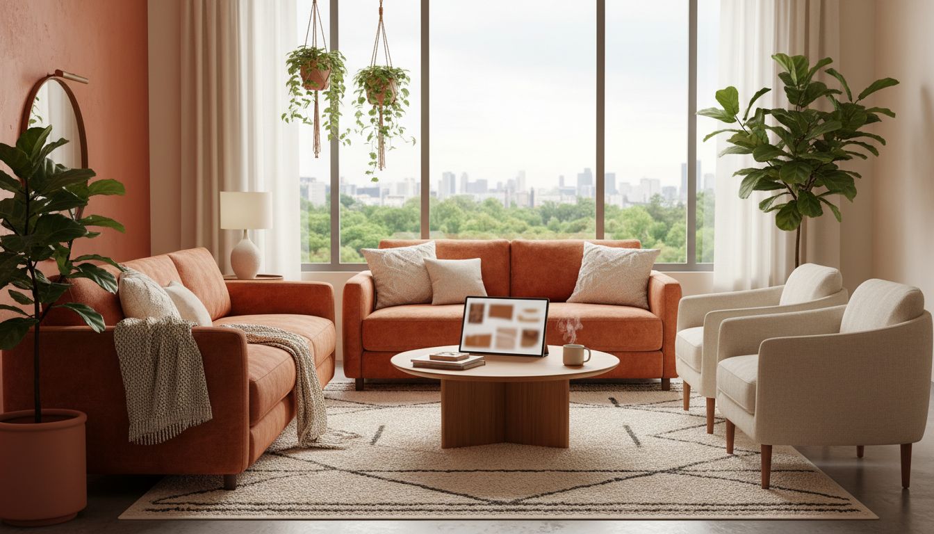 Gemütliches Wohnzimmer in warmen Terrakotta-Tönen mit Tablet auf dem Couchtisch, das eine abstrakte Design-Vorschau zeigt
