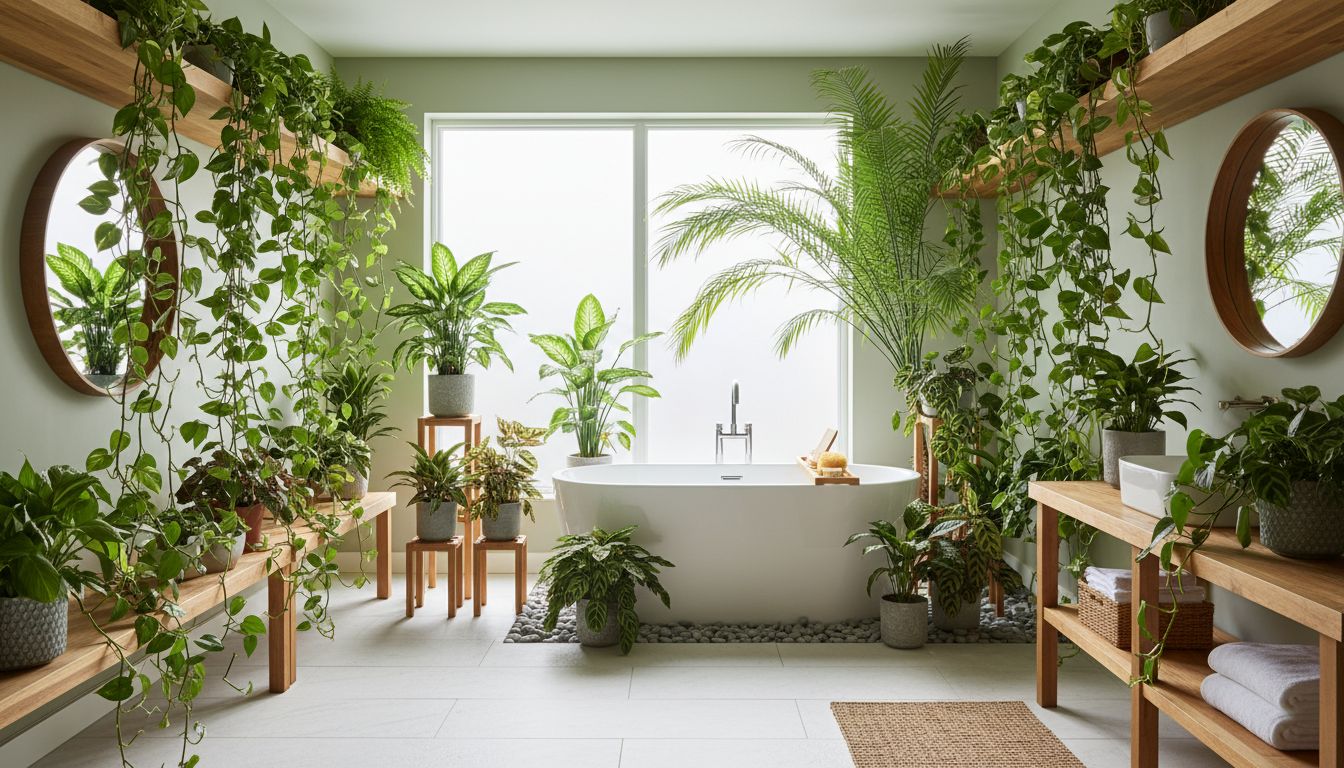 Helles Badezimmer im Urban-Jungle-Stil mit Farnen und Grünpflanzen auf Regalen in Fensternähe