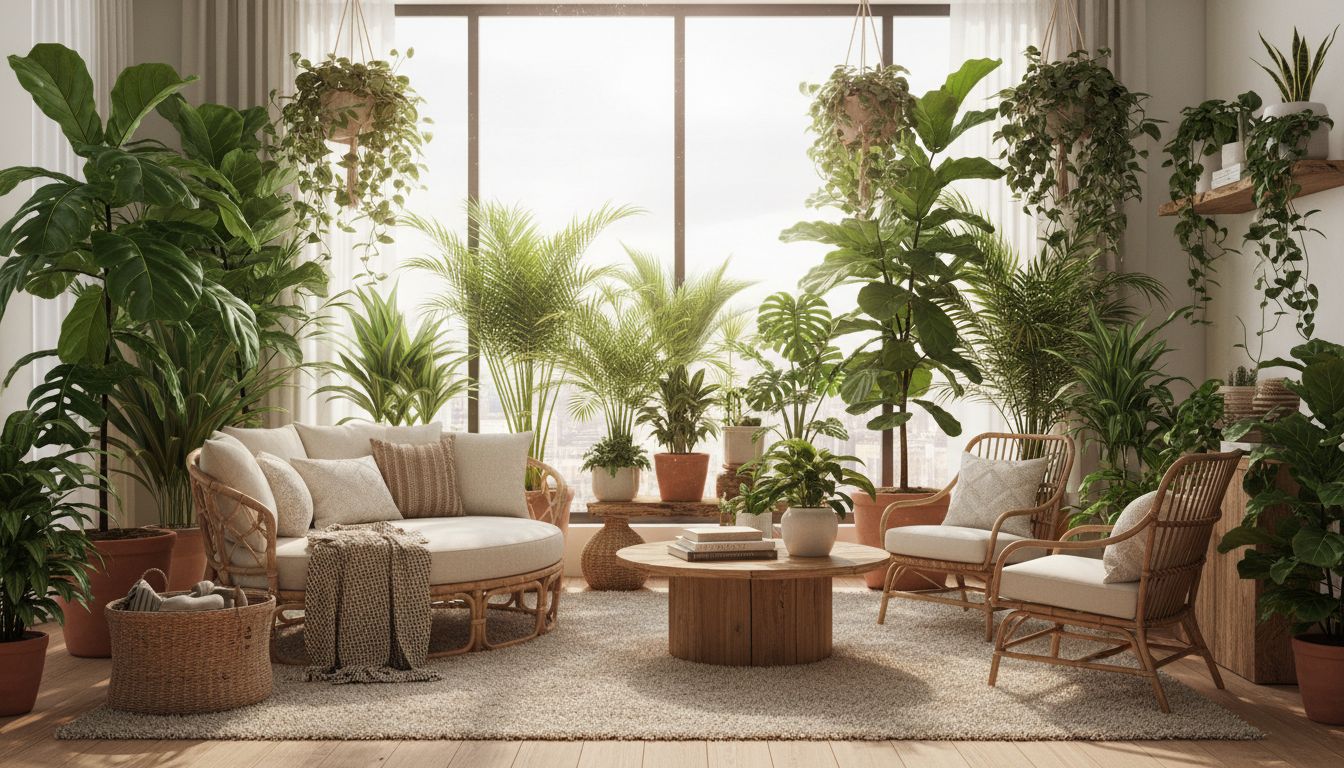Wohnzimmer im Urban-Jungle-Stil mit zahlreichen großen Zimmerpflanzen, Rattanmöbeln und warmem Tageslicht