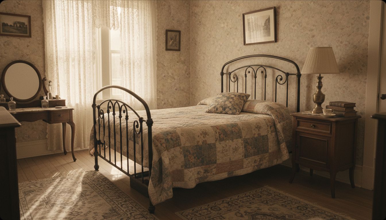 Schlafzimmer im Vintage Stil mit schmiedeeisernem Bett, geblümten Textilien und warmem Licht durch Spitzenvorhänge