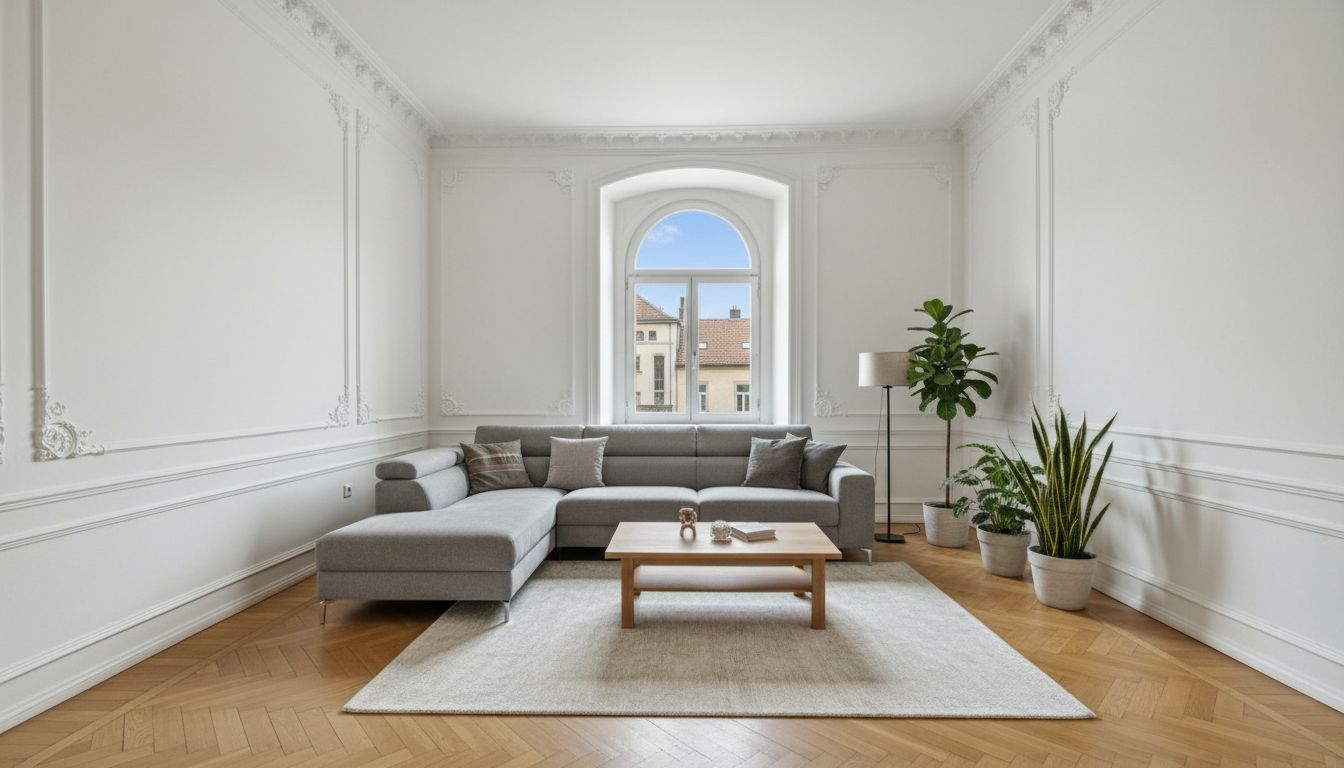 Leeres Wohnzimmer einer Maklerimmobilie, per KI virtuell möbliert für ein Exposé