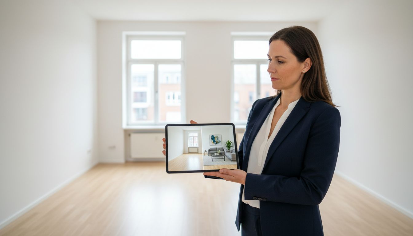 Maklerin vergleicht auf einem Tablet die leere und die virtuell möblierte Version derselben Wohnung