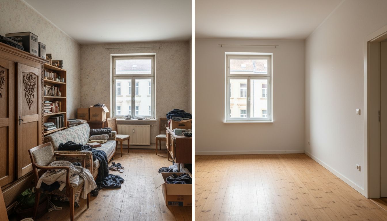 Vollgestelltes Altbauzimmer mit Möbeln der Vormieter, das per KI zunächst geleert und anschließend neu möbliert wird