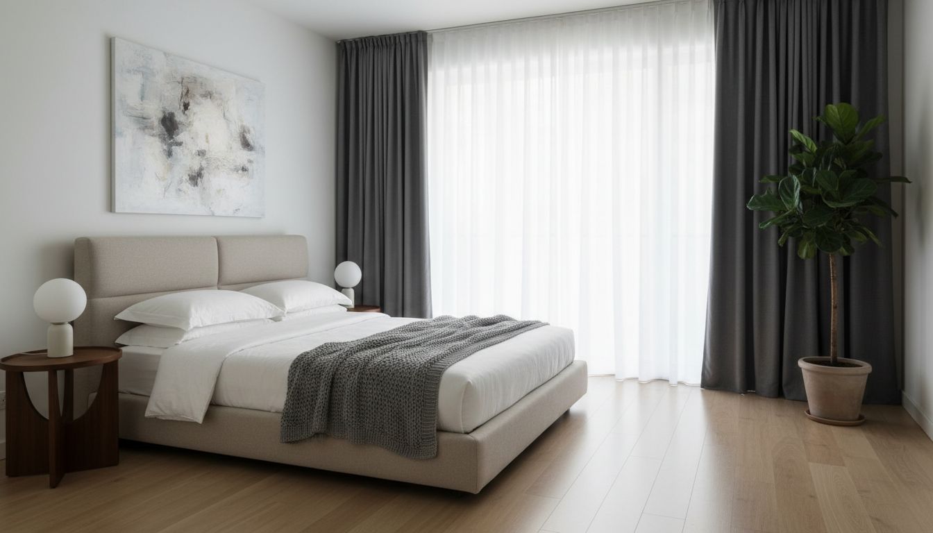 Schlafzimmer mit transparenten weißen Voile-Vorhängen und blickdichten grauen Vorhängen geschichtet