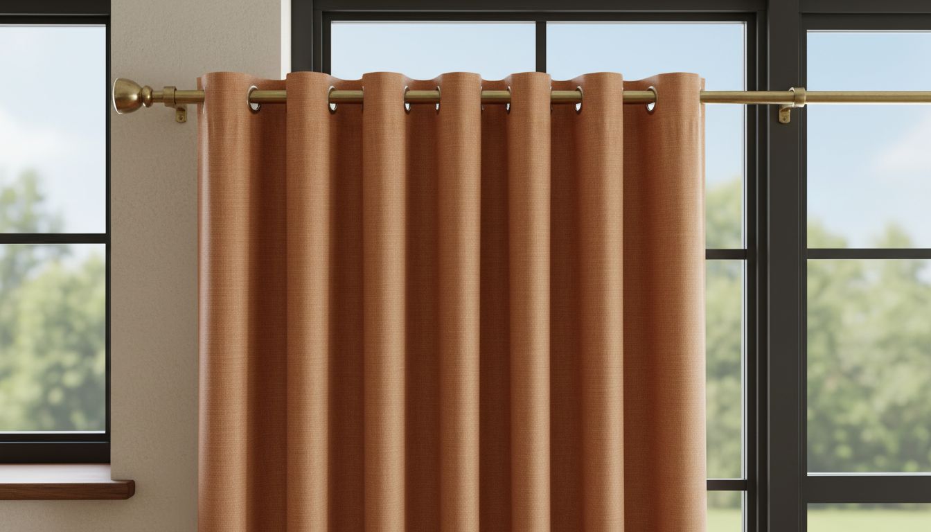 Detailaufnahme einer Vorhangstange mit Wellenfalten-Vorhang in warmem Terrakotta-Stoff am Fenster