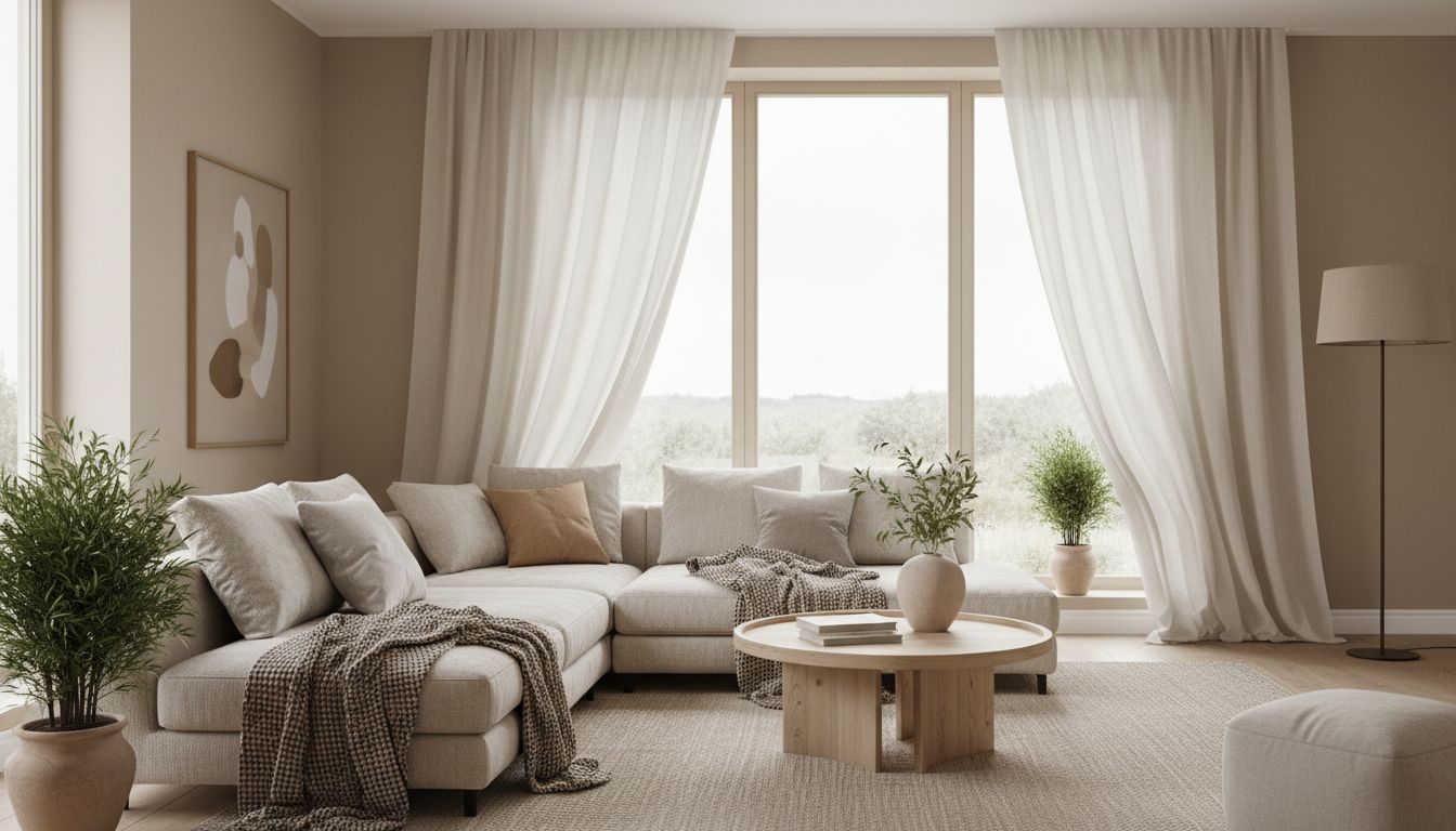 Helles modernes Wohnzimmer mit bodenlangen Leinenvorhängen am großen Fenster