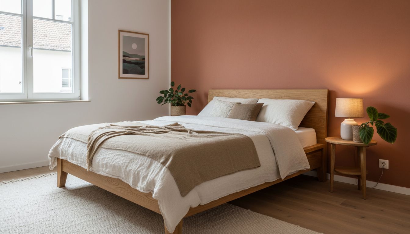 Schlafzimmer mit gedeckter, terrakottafarbener Wand im warmen Licht, Beispiel für virtuell getestete Wandfarbe