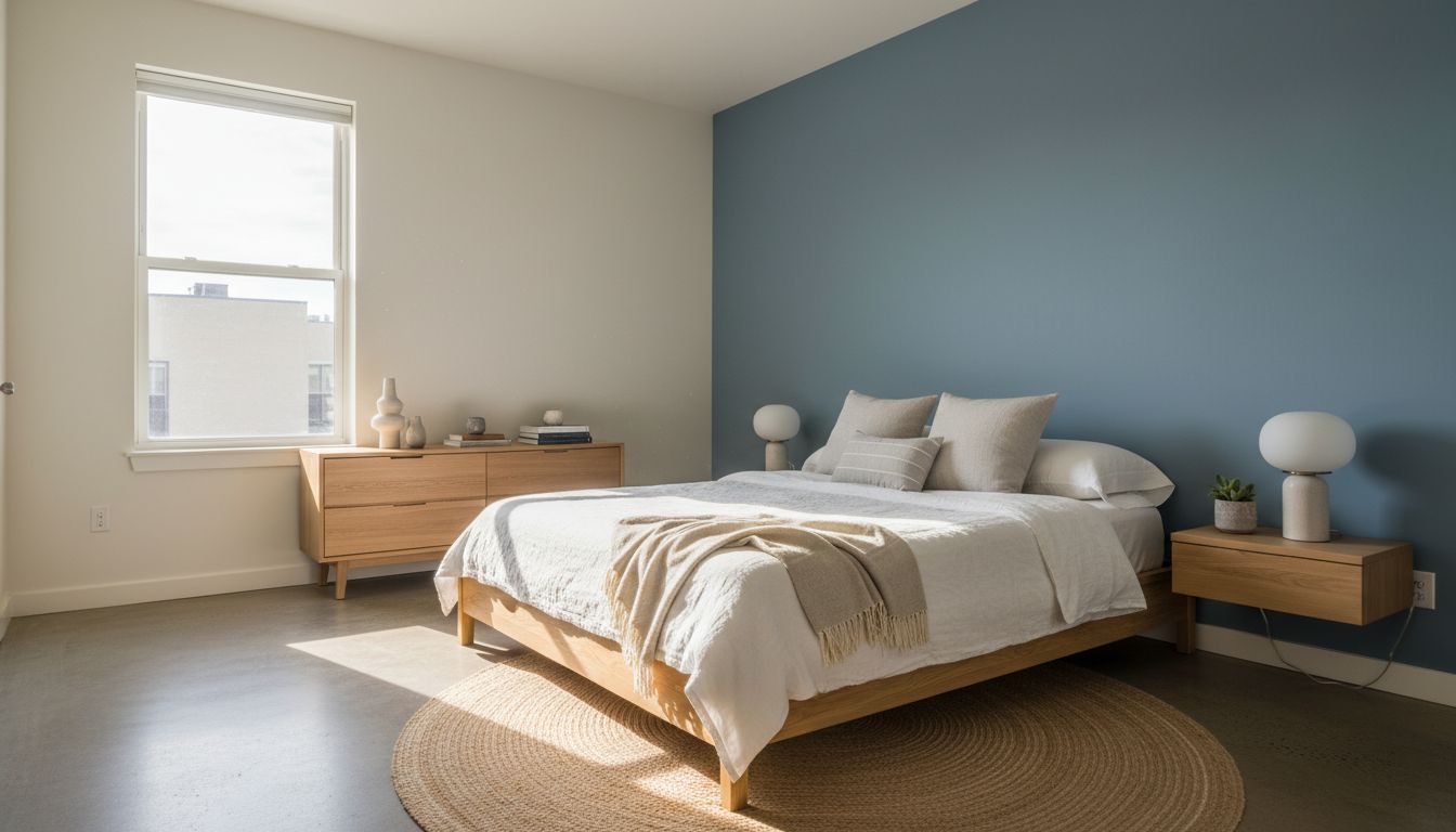 Modernes Schlafzimmer mit taubenblauer Wand im hellen Südlicht, Beispiel für eine virtuell getestete kühle Wandfarbe