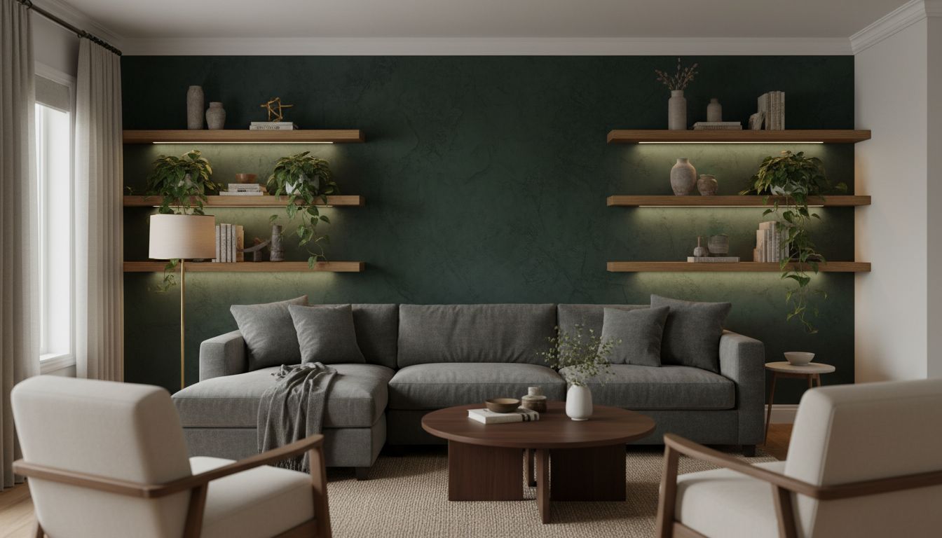 Wohnzimmer mit dunkelgrüner Akzentwand in Spachteloptik, Holzregalen und warmer Beleuchtung