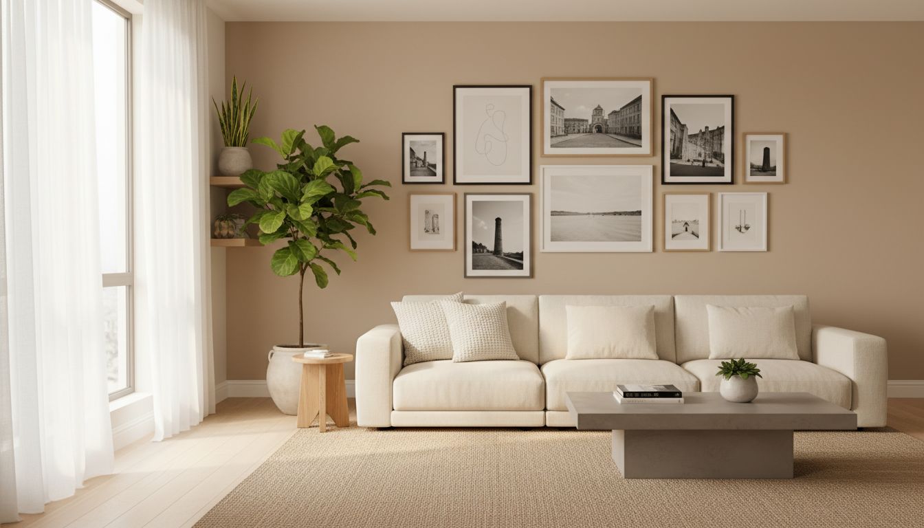 Helles Wohnzimmer mit großer Bilderwand über dem Sofa und minimalistischer Deko