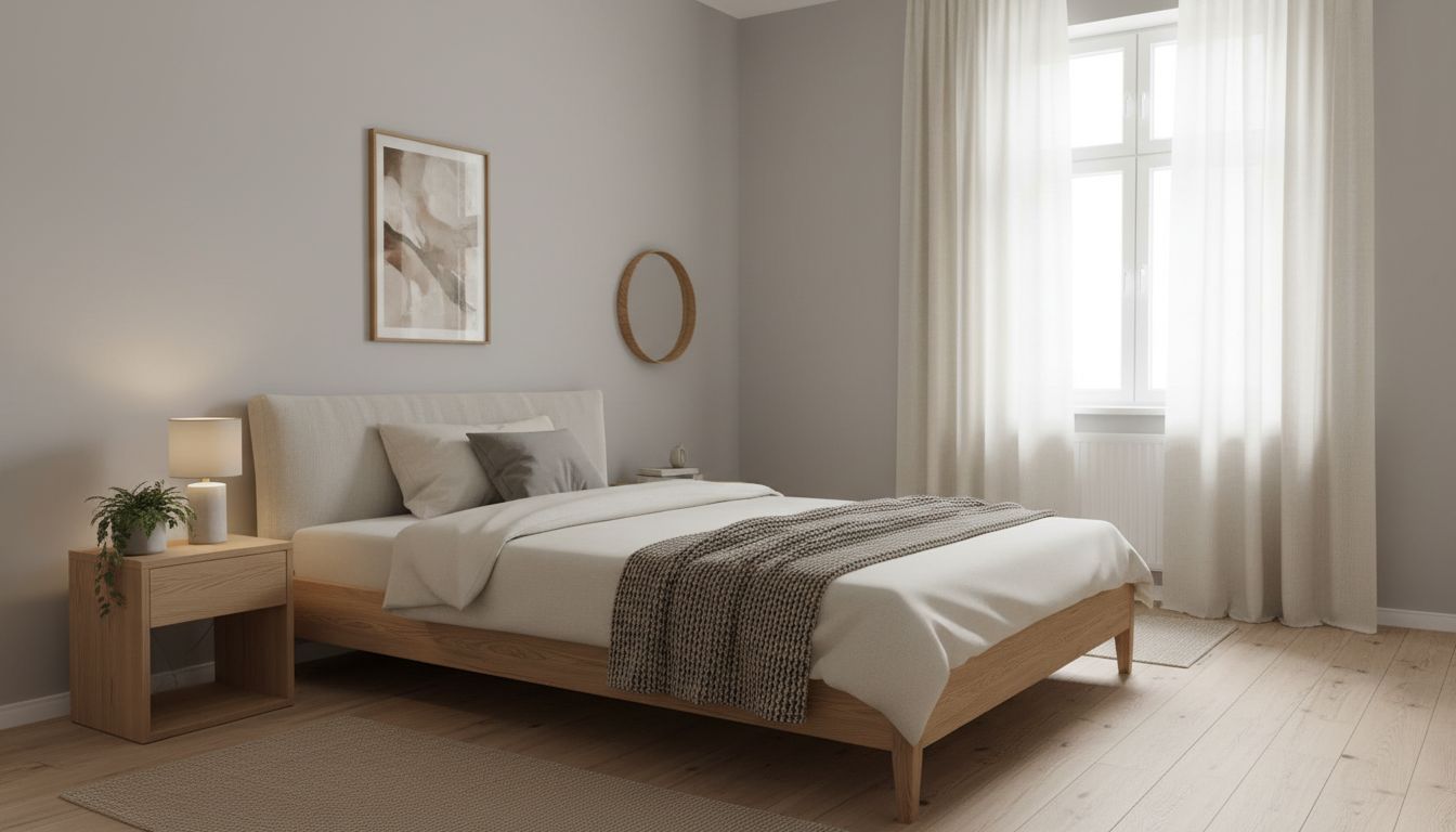 Günstig eingerichtetes helles Schlafzimmer als Beispiel für eine bezahlbare KI-Raumgestaltung im Jahresabo