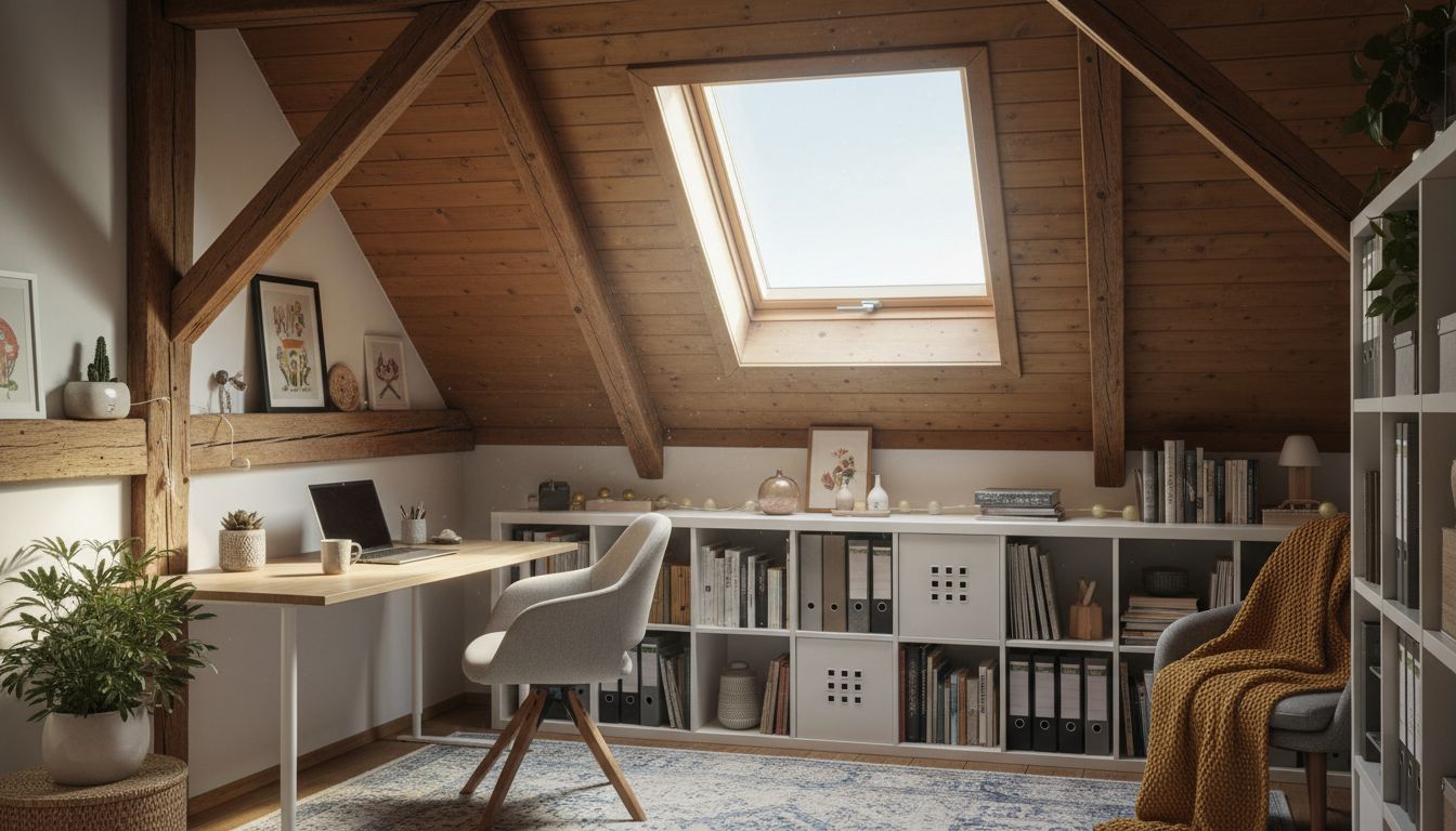 Dachgeschoss mit Schrägen, das mit KI in ein gemütliches Arbeitszimmer verwandelt wurde