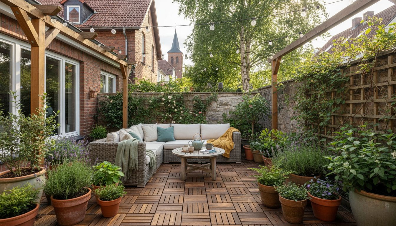 Kleine Hinterhofterrasse mit gemütlicher Sitzecke, Pflanzkübeln und Lichterkette, mit KI neu gestaltet