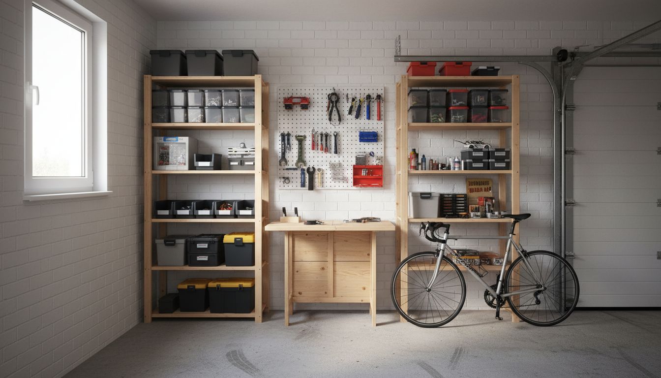 Kompakte Werkstatt-Ecke in der Garage mit klappbarer Werkbank, Wandregalen und Fahrrad daneben