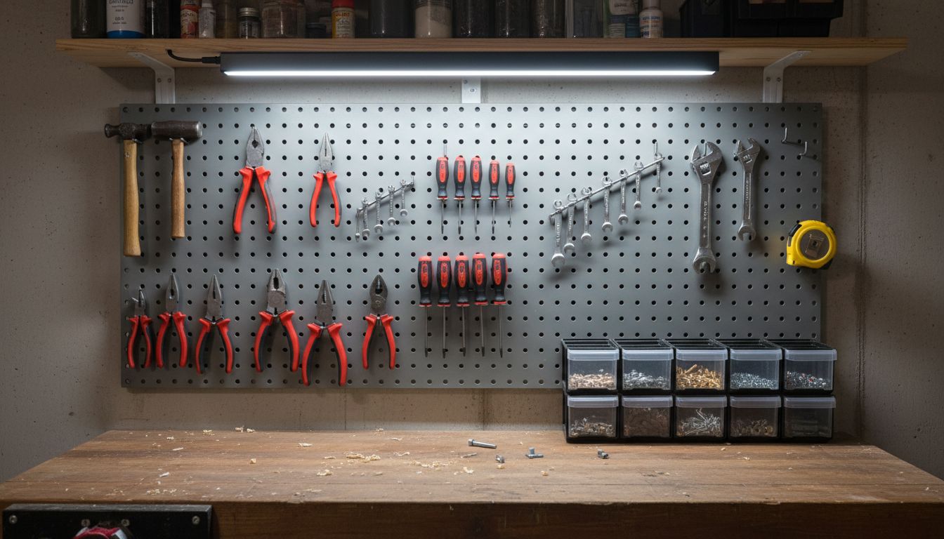 Nahaufnahme einer Kellerwerkstatt mit Lochwand, sortiertem Handwerkzeug und Holzwerkbank