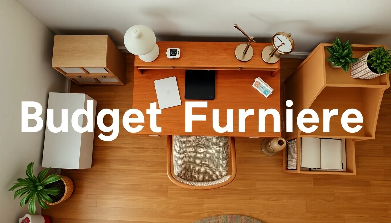 Budget WG Zimmer Setup mit Secondhand Schreibtisch aus Holz, einfachem Regal, schlichtem Stuhl, Tischlampe, Textilkorb auf Holzboden in neutraler Palette von oben