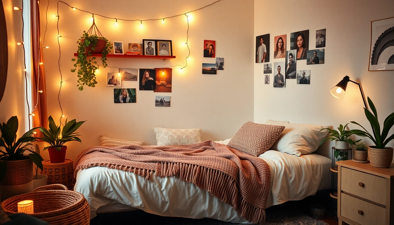 Gemütliche WG Zimmer Ecke mit warmen Lichterketten, weichen geschichteten Textilien, Kissen, Wolldecke auf Einzelbett, Pflanzen und persönlichen Fotos an der Wand, eklektisch aber ordentlich