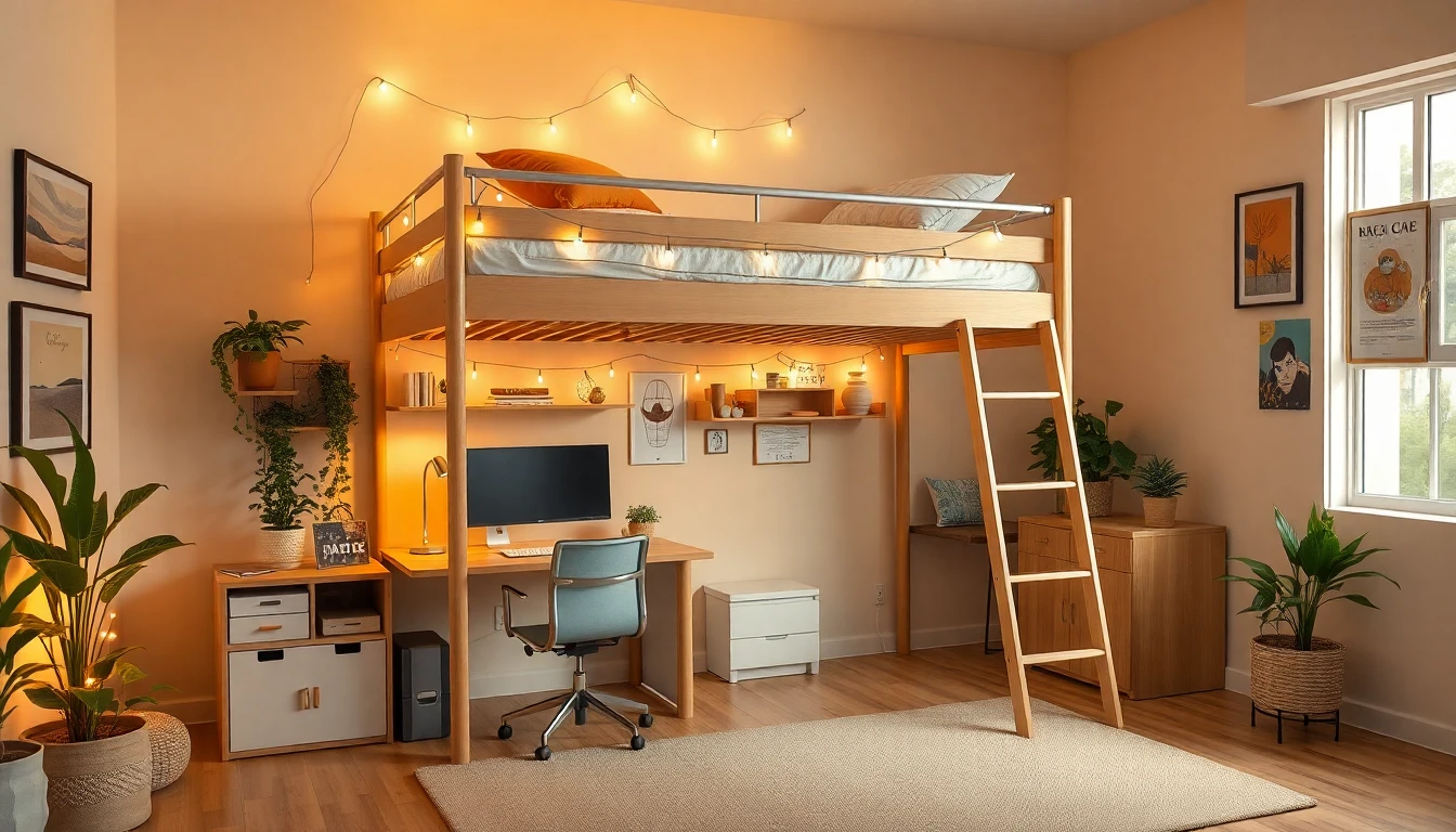 WG Zimmer mit multifunktionalem Hochbett, Schreibtisch mit Monitor darunter, Lichterketten, Zimmerpflanzen, gerahmten Postern und beigem Teppich im warmen Nachmittagslicht