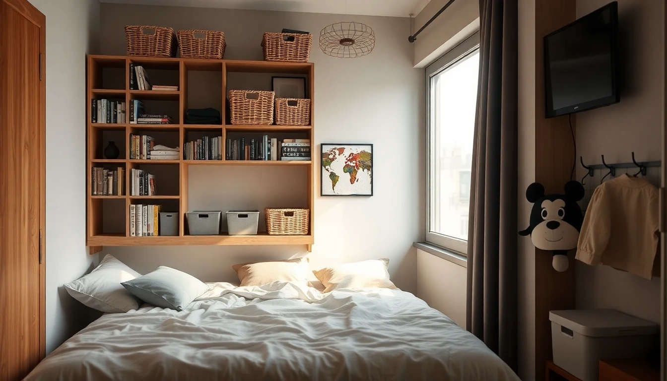 Clevere Stauraumlösungen in einem kleinen WG Zimmer mit hohem schmalen Regal mit Büchern und Körben, vertikaler Organisation, Unterbett Boxen, Wandhaken und Eichenholz im warmen Licht