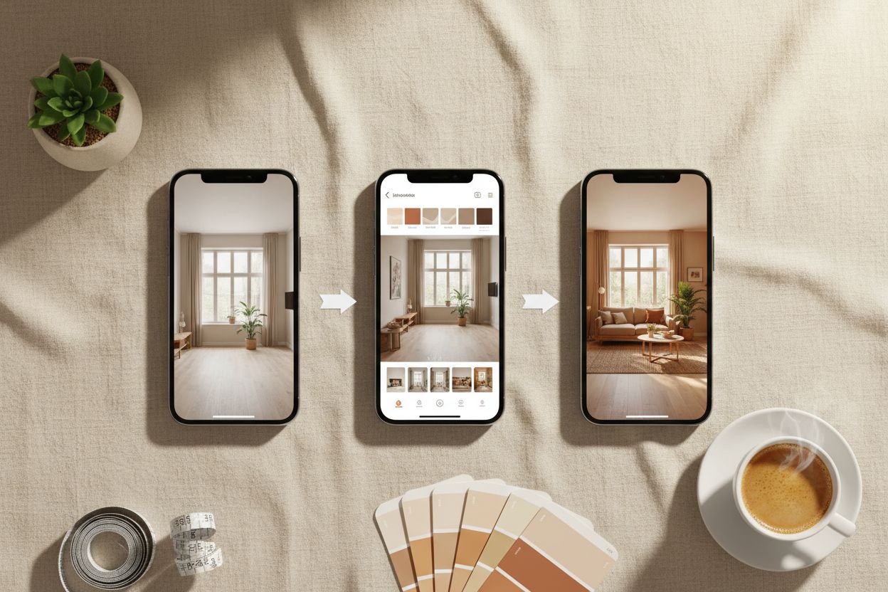 KI-Raumgestaltung in 4 Schritten auf dem Smartphone: erstes Handy zeigt das leere Originalzimmer, zweites Handy die Stilauswahl mit Vorschau-Kacheln, drittes Handy den fertig eingerichteten Raum im warmen Japandi-Stil