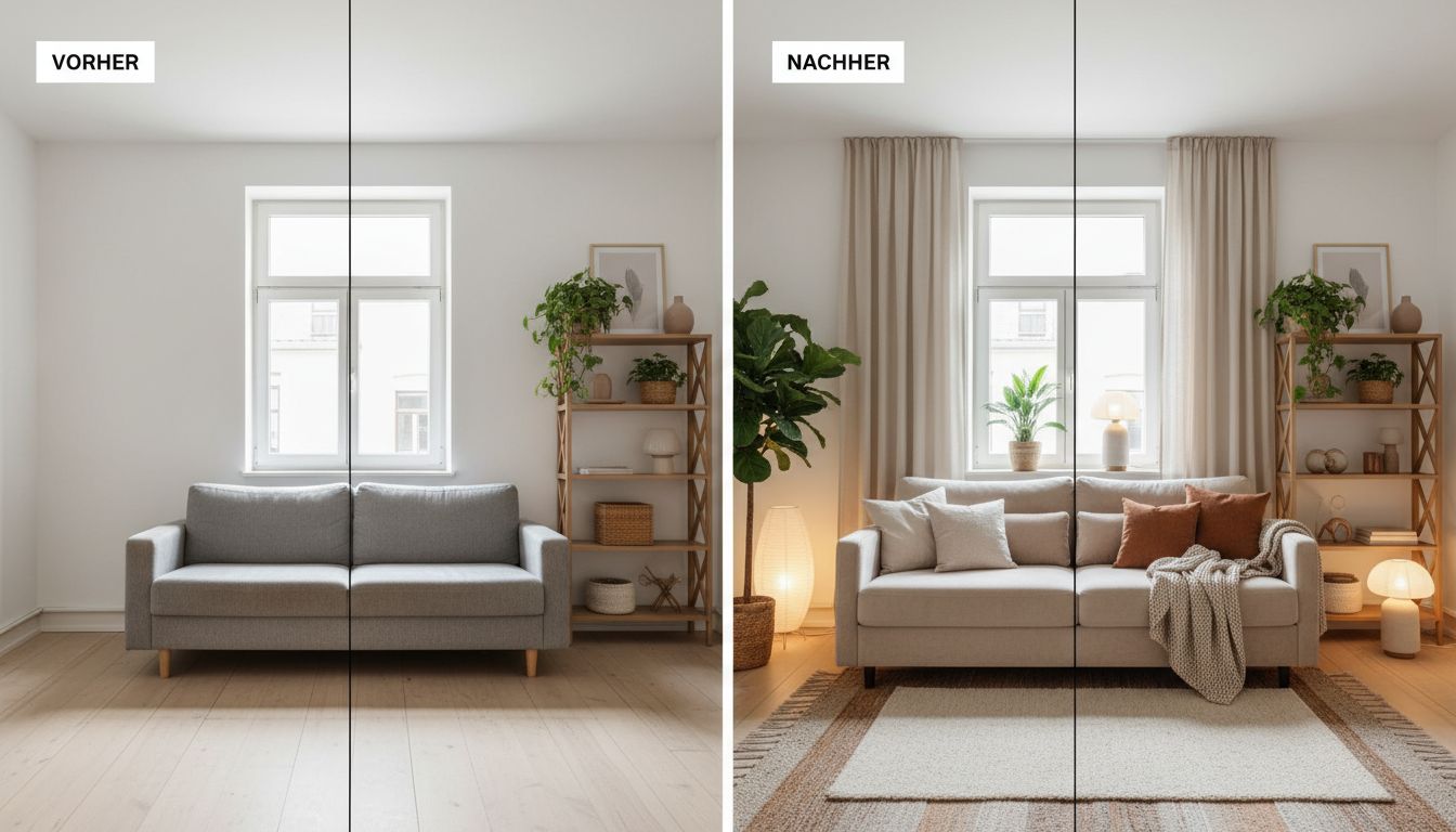 Vorher-Nachher-Beispiel der KI-Raumgestaltung: links das schlichte Wohnzimmer mit kahler Wand und grauem Sofa, rechts derselbe Raum mit gleichem Fenster, aber neu eingerichtet im warmen skandinavisch-japanischen Stil mit Holzregal, beigem Sofa, Teppich und Pflanzen