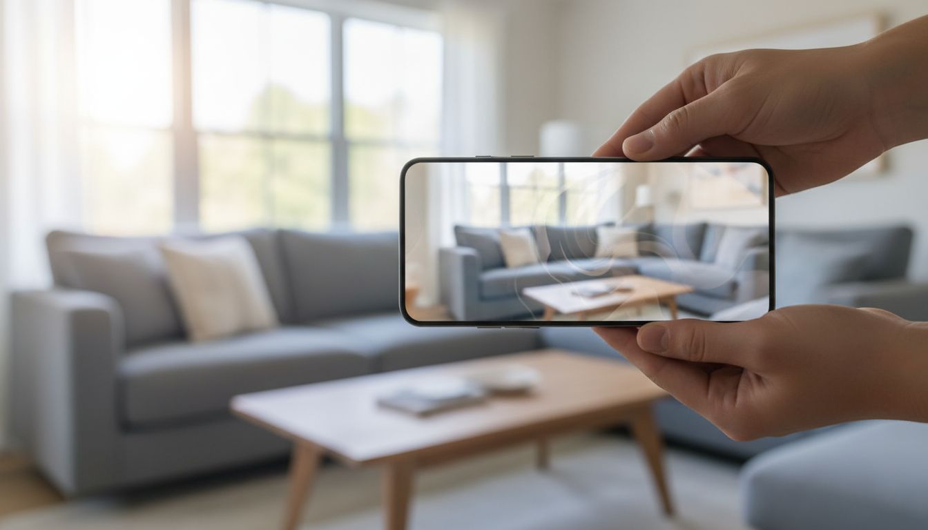 Hände halten ein Smartphone mit einer Raumgestaltungs-Vorschau vor dem passenden echten Wohnzimmer im Hintergrund