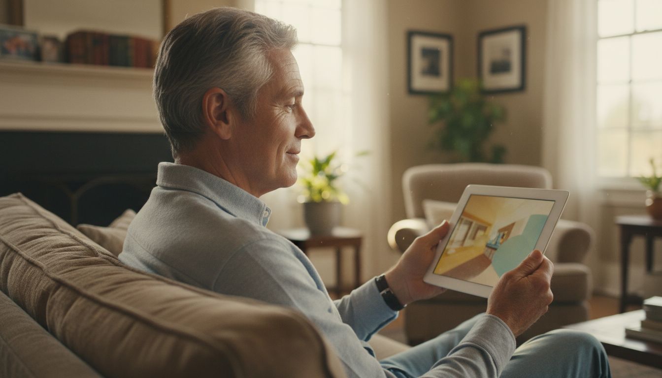 Älterer Mann sitzt nachdenklich lächelnd auf dem Sofa und vergleicht ein Tablet mit dem echten Wohnzimmer um ihn herum