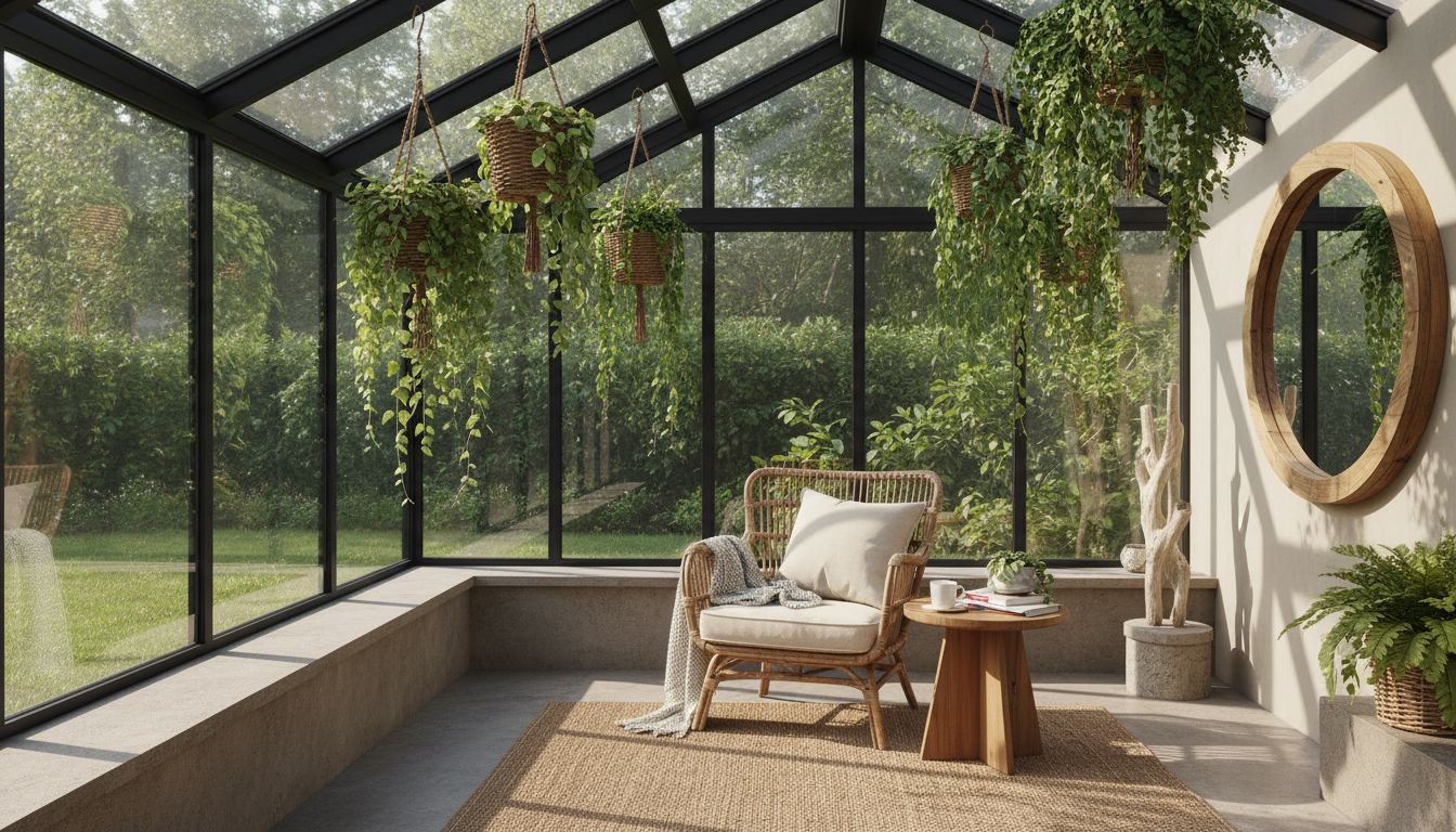 Detailaufnahme eines Wintergartens mit Rattansessel, Kissen und hängenden Pflanzen unter dem Glasdach
