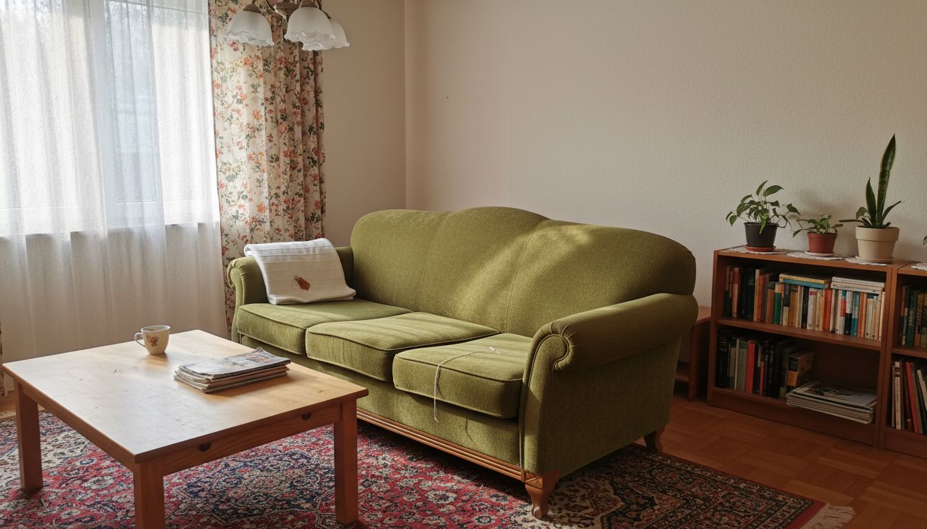 Gebrauchtes Sofa aus einem Kleinanzeigen-Inserat, virtuell in ein günstig eingerichtetes Wohnzimmer eingesetzt