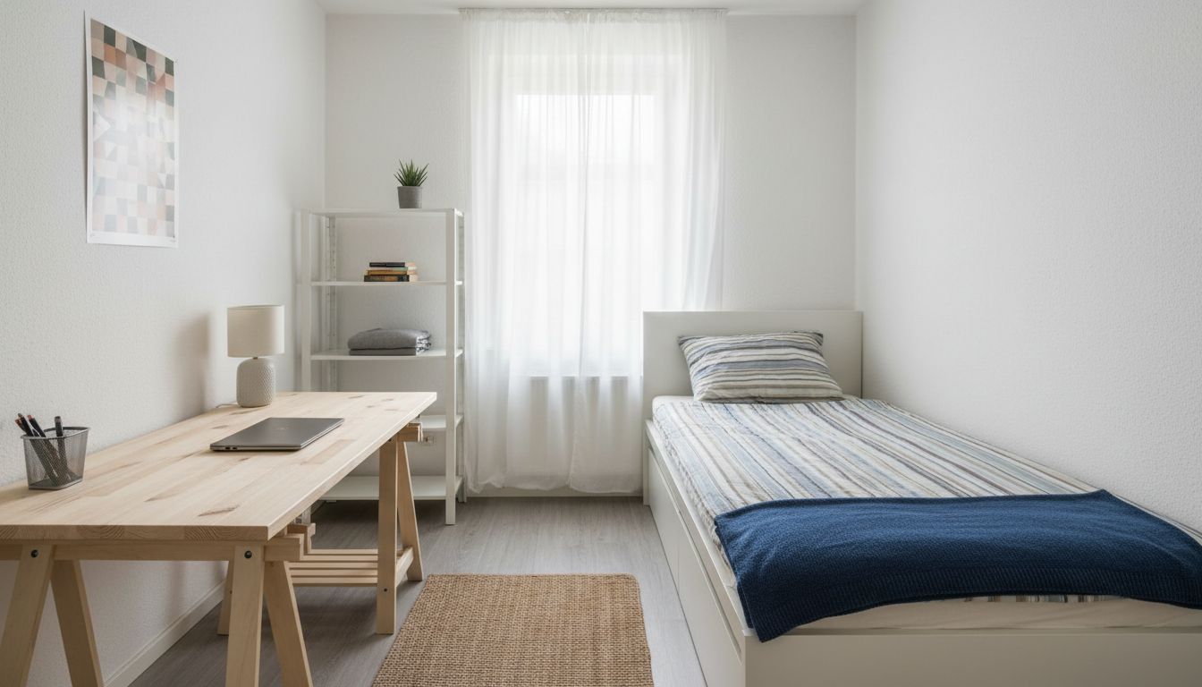 Kleines, günstig eingerichtetes Zimmer mit Bett, einfachem Regal und wenigen Textilien als Beispiel für eine Grundausstattung