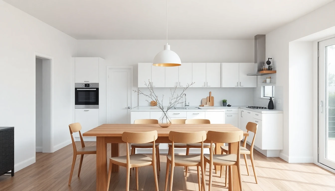Offener Ess- und Küchenbereich mit Eichentisch für sechs Personen, weißer Küche und Pendelleuchte, mittleres Einrichtungsbudget