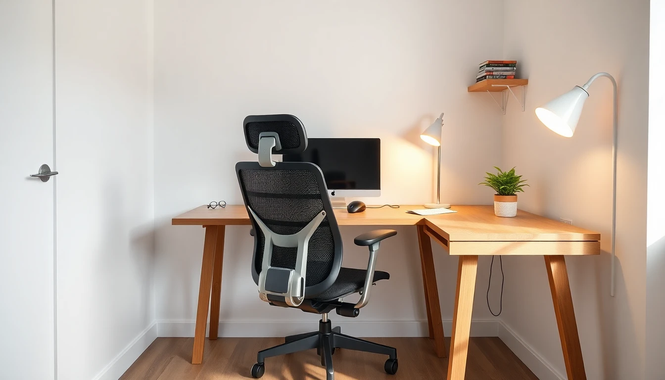 Schlanker Home-Office-Bereich in einer Wohnung mit ergonomischem Bürostuhl, Eichenschreibtisch, warmer Schreibtischlampe und kleinem Regal