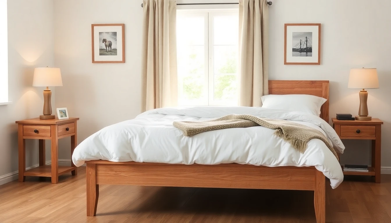 Schlafzimmer mit Eichenbett, hochwertiger Matratze, warmen Leseleuchten und neutraler Bettwäsche in ruhiger Budget-Komposition