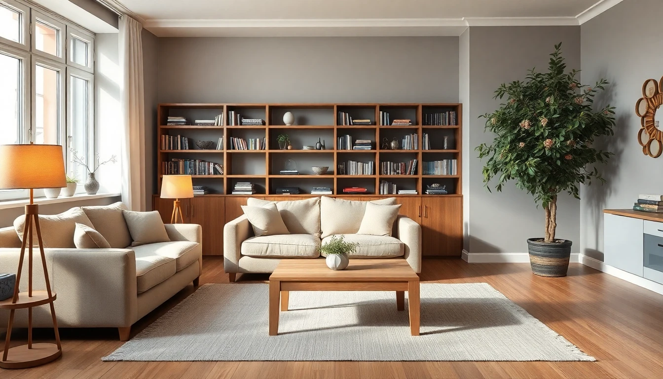 Modernes Wohnzimmer mit mittlerem Einrichtungsbudget, beiges Sofa, Eichentisch, Bücherregal, Olivenbaum und warme Beleuchtung