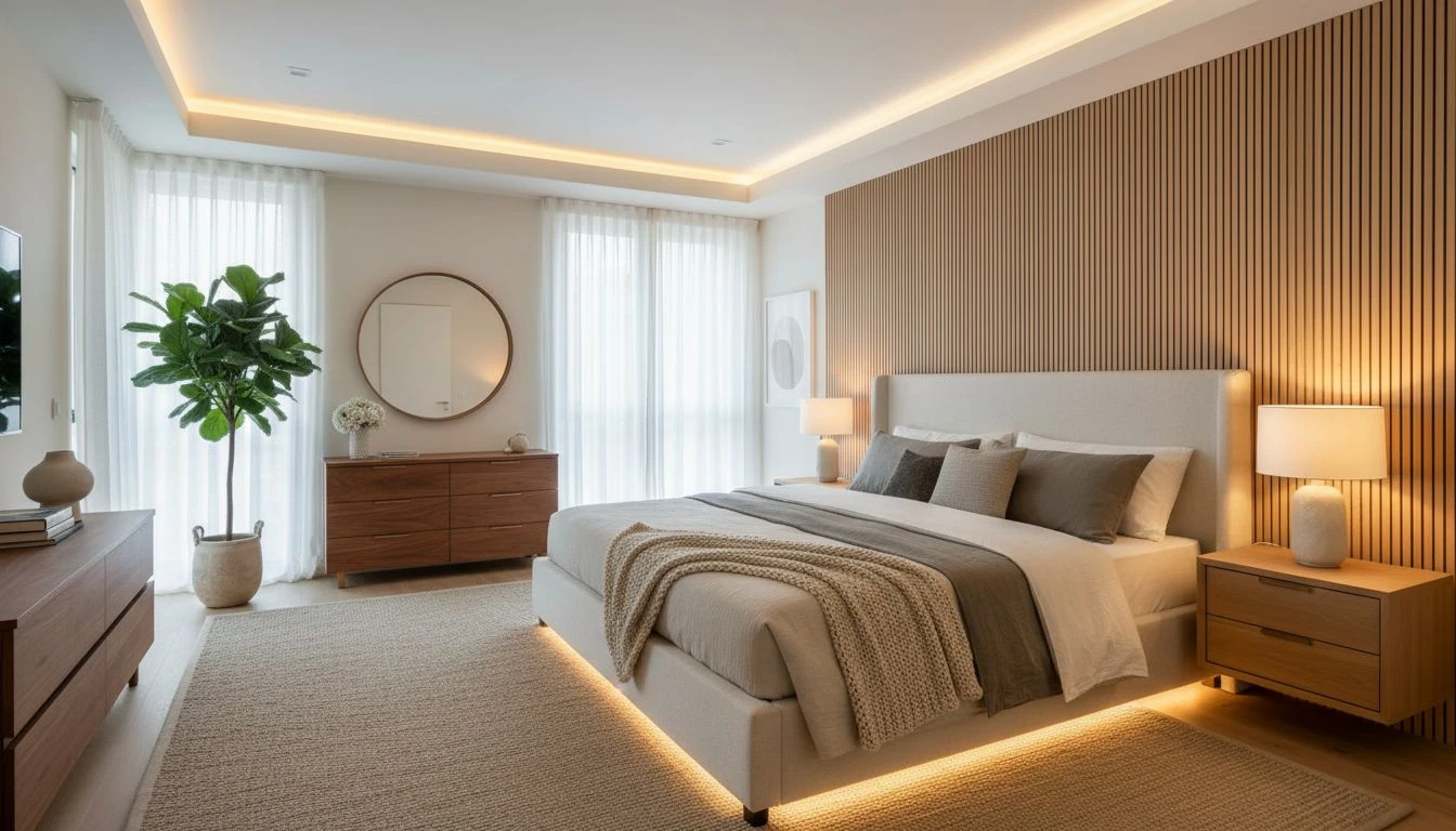 Ruhiges Schlafzimmer mit warmem Licht, neutralen Textilien, gepolstertem Bett und klarer Gestaltung