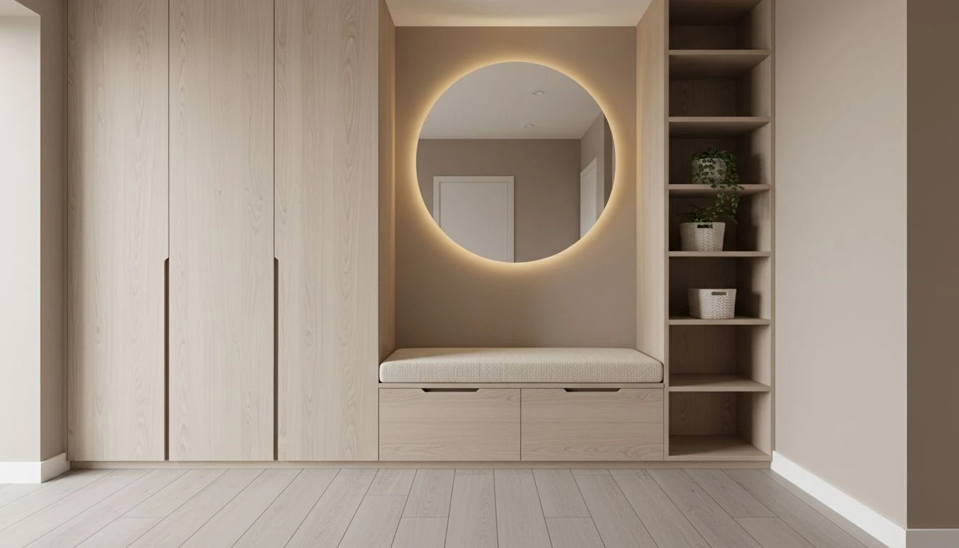 Heller Flur mit integriertem Stauraum, Sitzbank, großem Spiegel und geschlossenen Schrankfronten