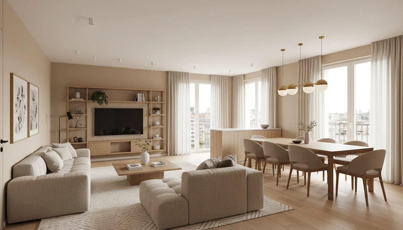 Offene Wohnung mit klar zoniertem Wohn- und Essbereich, Teppich unter dem Sofa und Pendelleuchte über dem Esstisch