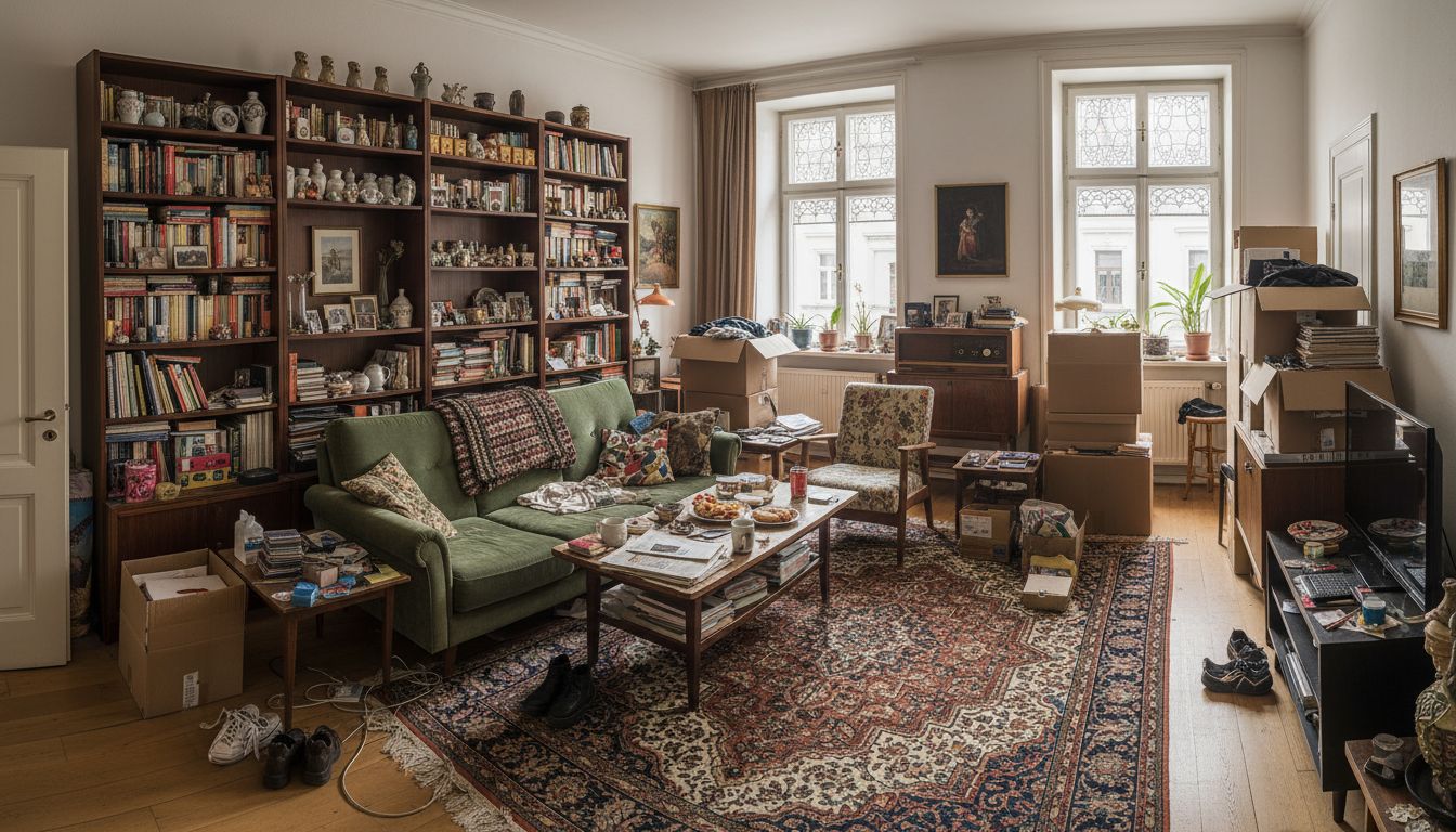 Vollgestelltes, bewohntes Wohnzimmer mit Umzugskartons, wie es sich schlecht fotografieren lässt