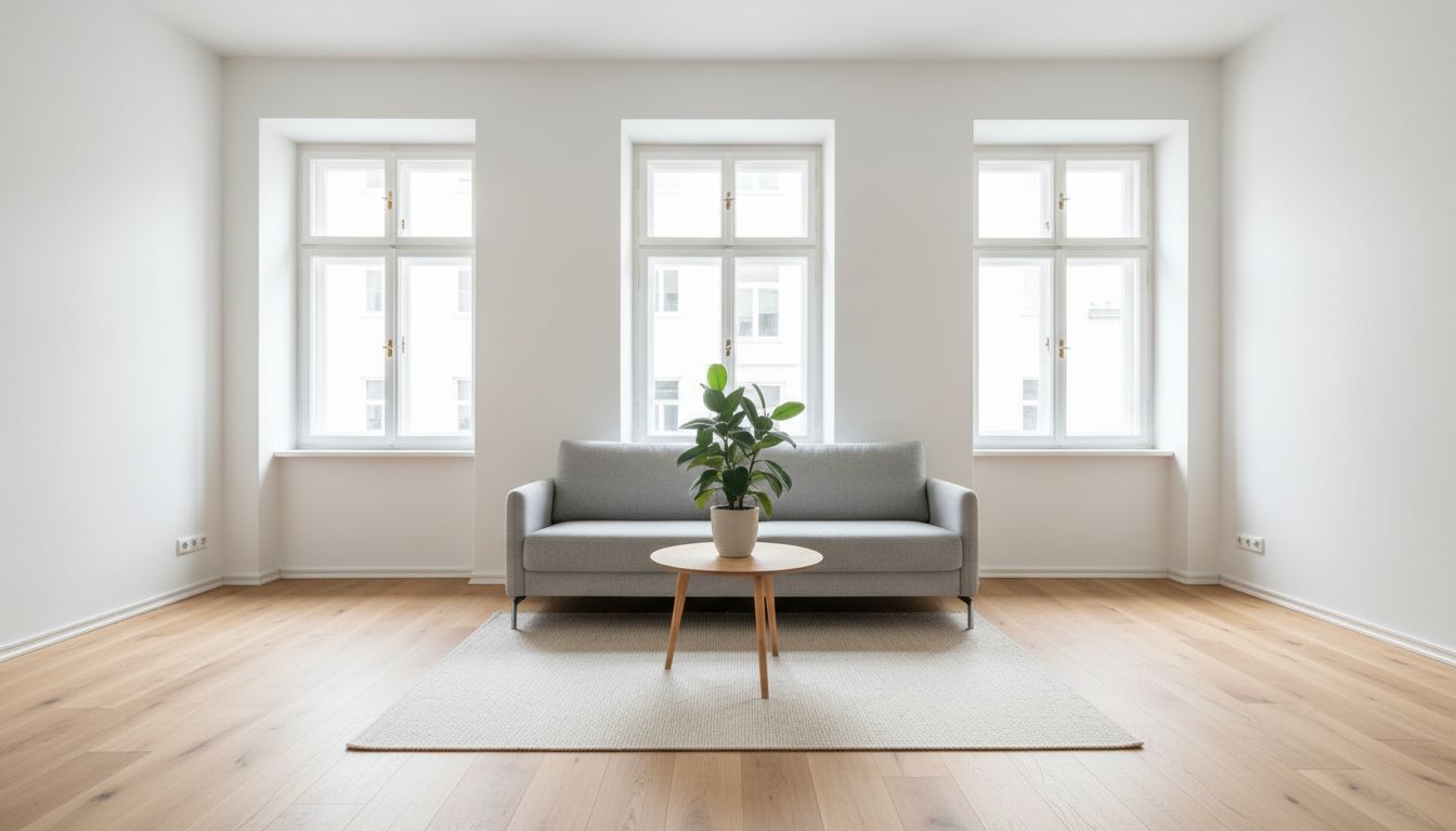 Heller Altbau-Wohnraum mit neutraler Möblierung, wie sie sich für Verkaufsfotos per KI darstellen lässt