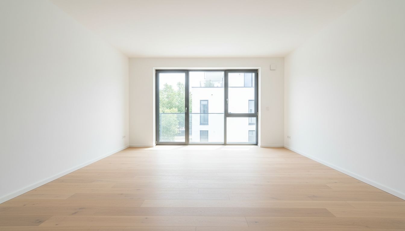 Leerer, heller Raum in einer Neubauwohnung mit Holzboden und großem Fenster