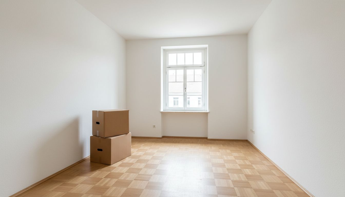 Leeres Zimmer in einer Wohnung mit hellem Parkett, weißen Wänden, Sprossenfenster und zwei Umzugskartons