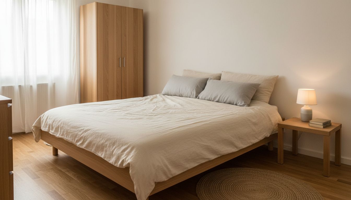 Kleines Schlafzimmer mit Doppelbett, Leinenbettwäsche, schmalem Kleiderschrank und Nachttisch mit Lampe