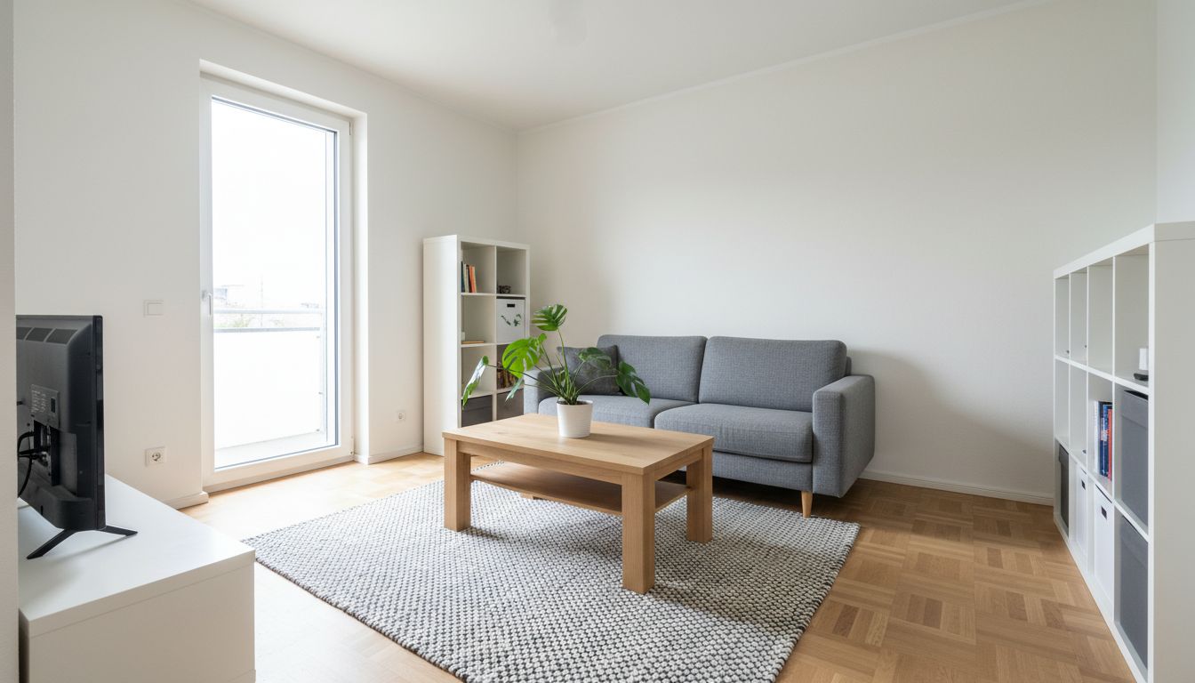 Helles Wohnzimmer in einer Neubauwohnung mit grauem Sofa, Eichen-Couchtisch, Regal und Zimmerpflanze kurz nach dem Einzug