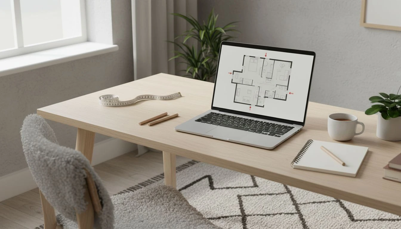 Moderner Arbeitsplatz mit Laptop, Notizbuch und digitalem Wohnungsgrundriss für die Planung von Möbeln und Laufwegen