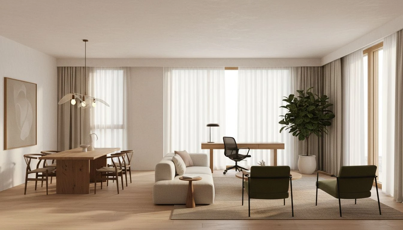 Offene Wohnung mit klar zoniertem Wohn-, Ess- und Arbeitsbereich sowie gut geplanten Laufwegen im Grundriss