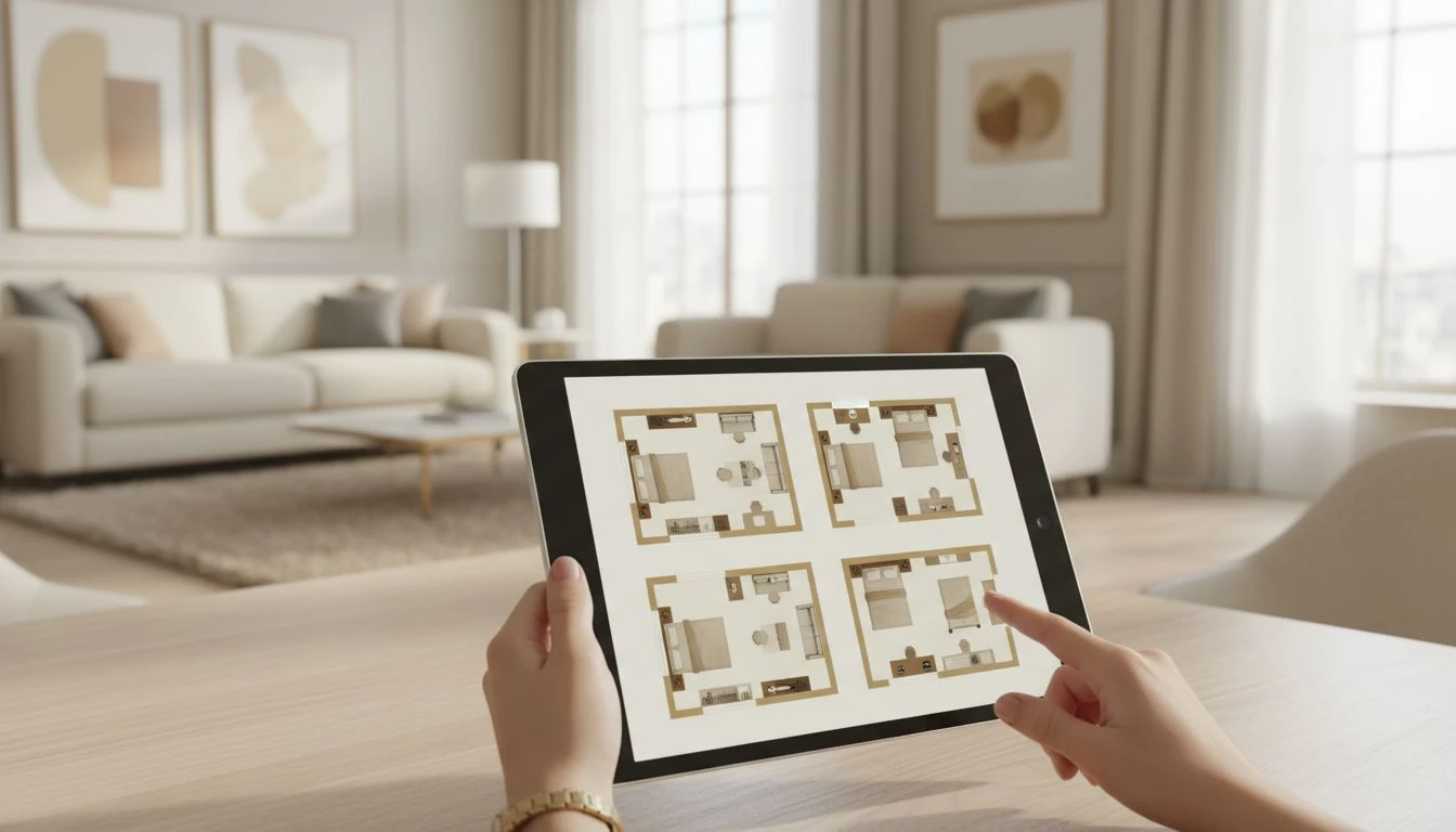 Tablet mit mehreren Varianten eines Wohnungsplans für denselben Raum, um Möblierung und Funktionen direkt zu vergleichen