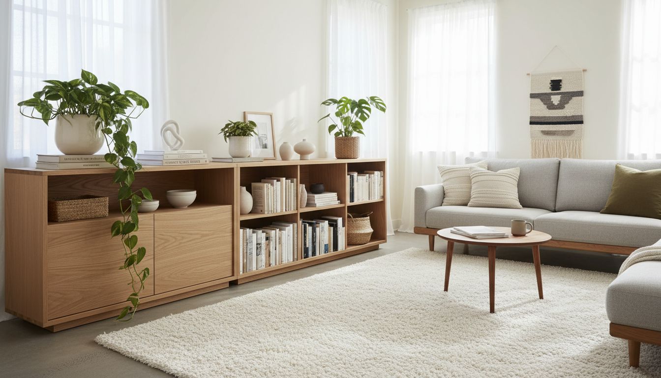 Skandinavisch inspirierte Wohnwand mit offenen Regalen, Sideboard und Pflanzen