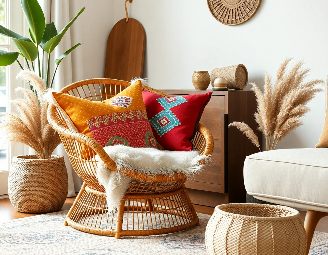 Boho-Wohnzimmer mit Rattansessel, geschichteten Kelim-Teppichen, Makramee-Wandbehang und vielen Pflanzen
