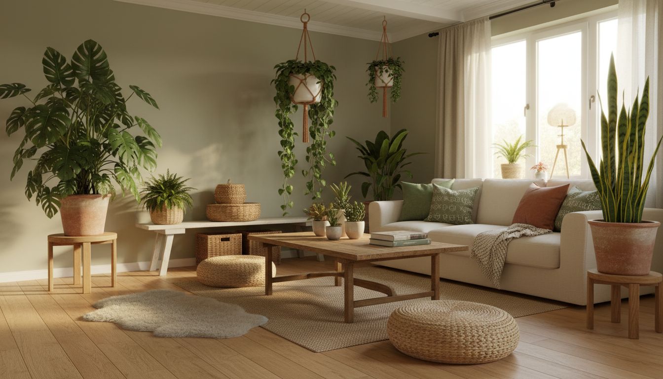 Wohnzimmer mit verschiedenen Zimmerpflanzen: Monstera, Hängepflanzen, kleine Sukkulenten auf Regalen