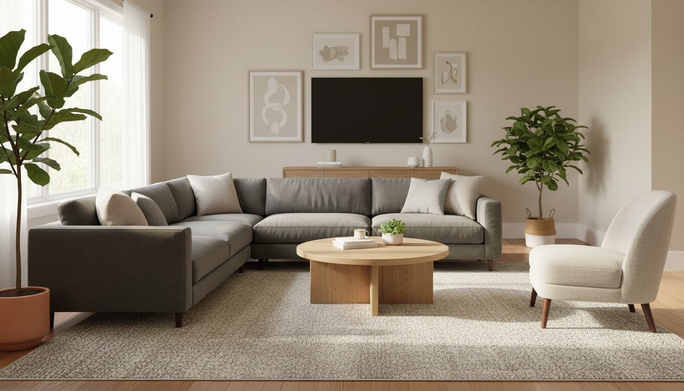 Wohnzimmer mit optimaler Raumaufteilung: Sofa als Mittelpunkt, Sessel im Winkel, freie Durchgänge